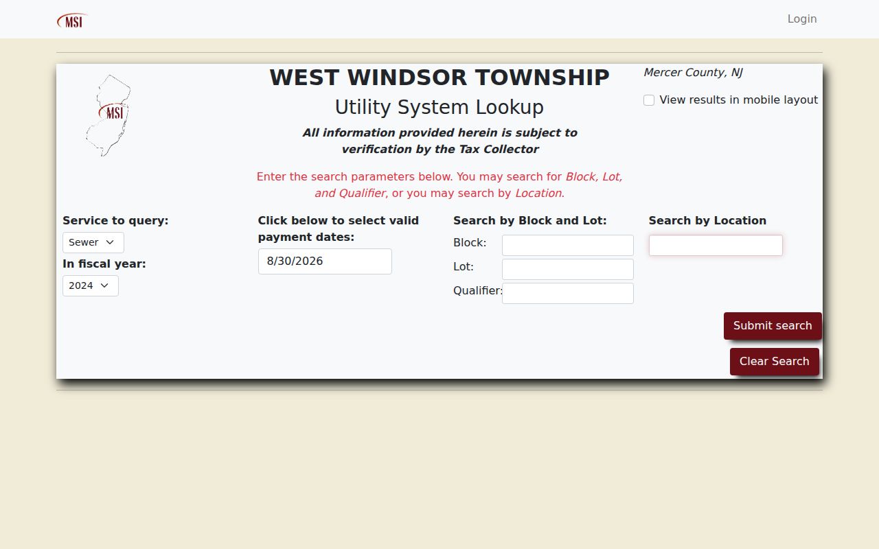 West Windsor street directory tax and sewer address search interface